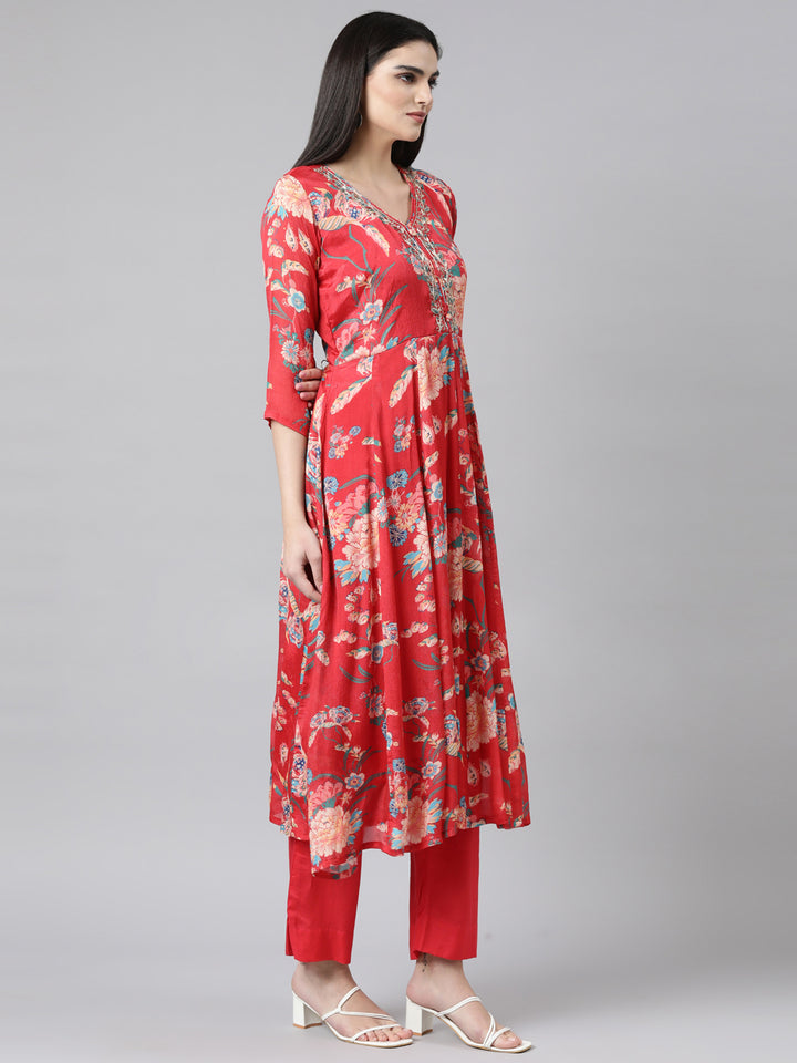 Neerus Red Georgette Printed Suit Set - back view