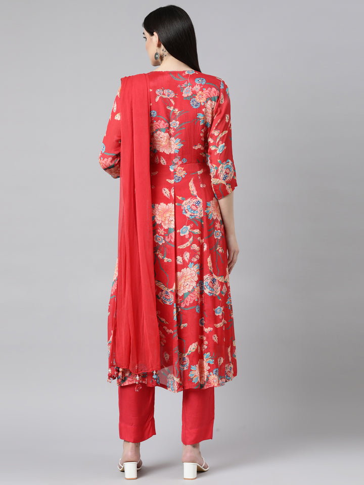 Neerus Red Georgette Printed Suit Set - side view
