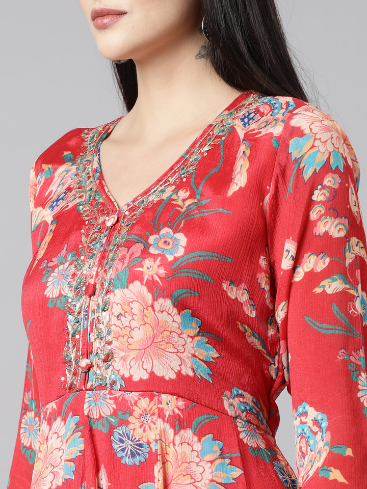 Neerus Red Georgette Printed Suit Set - detail view 1