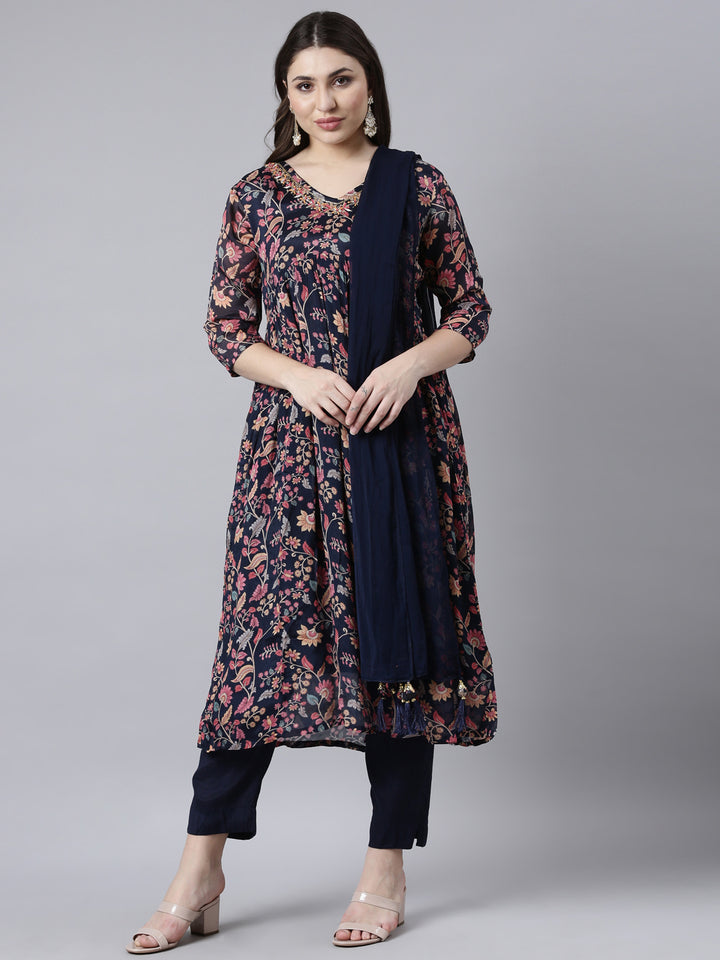 Neerus Blue printed floral suit set straight kurta with trouser and dupatta - front view