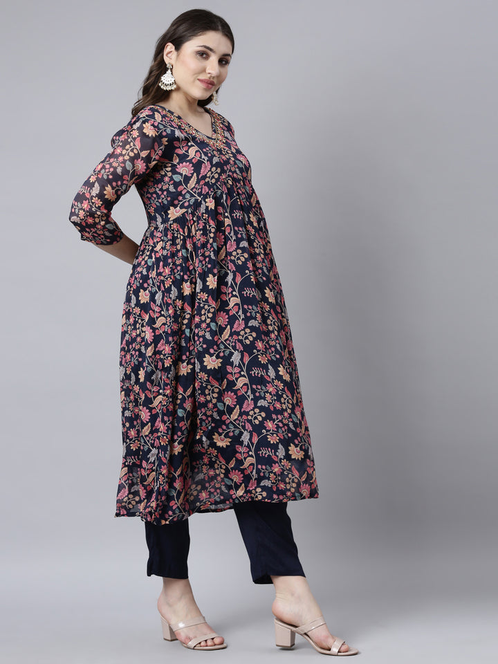 Neerus Blue printed floral suit set straight kurta with trouser and dupatta - back view