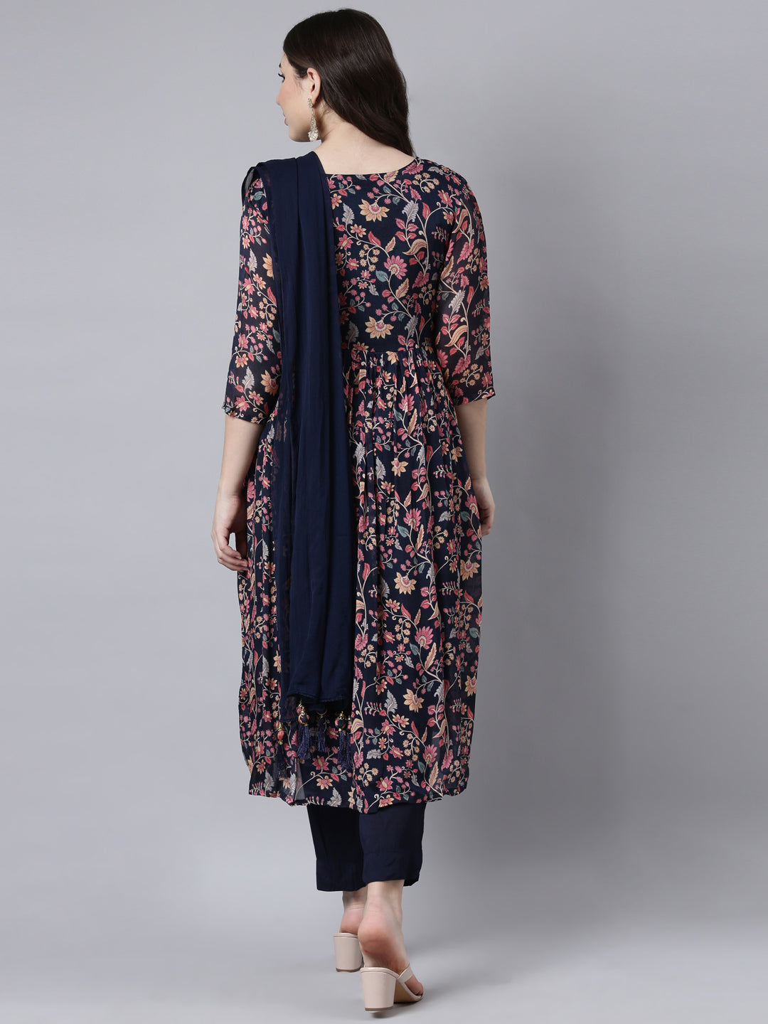 Neerus Blue printed floral suit set straight kurta with trouser and dupatta - side view