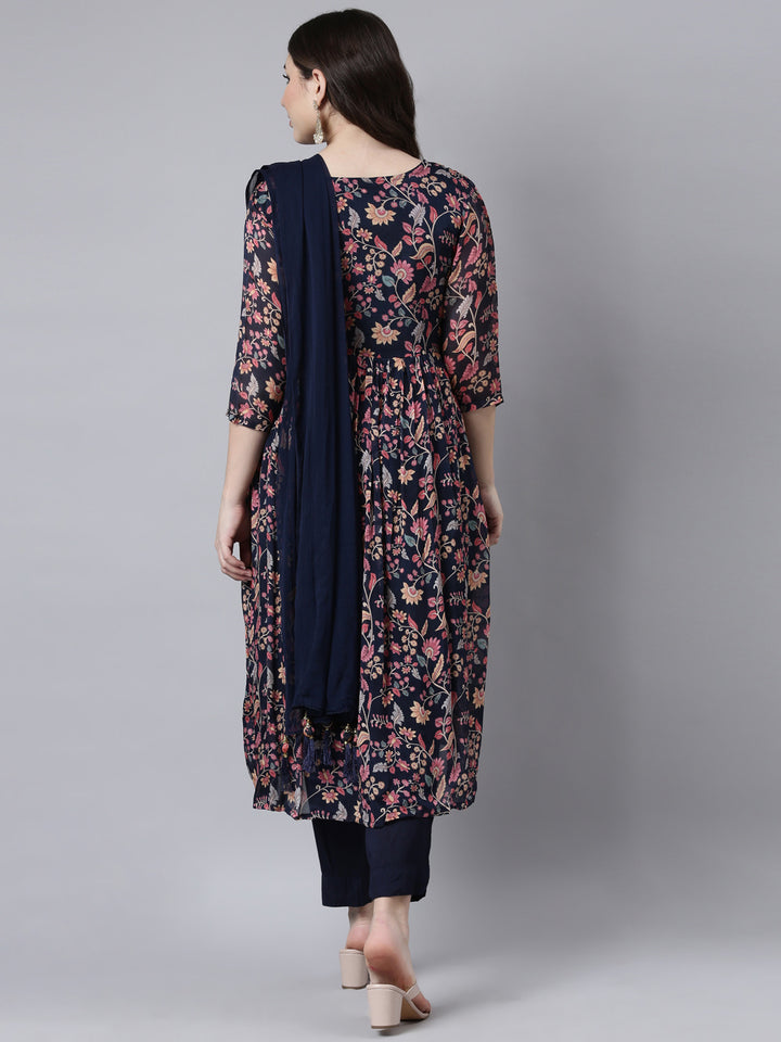Neerus Blue printed floral suit set straight kurta with trouser and dupatta - side view