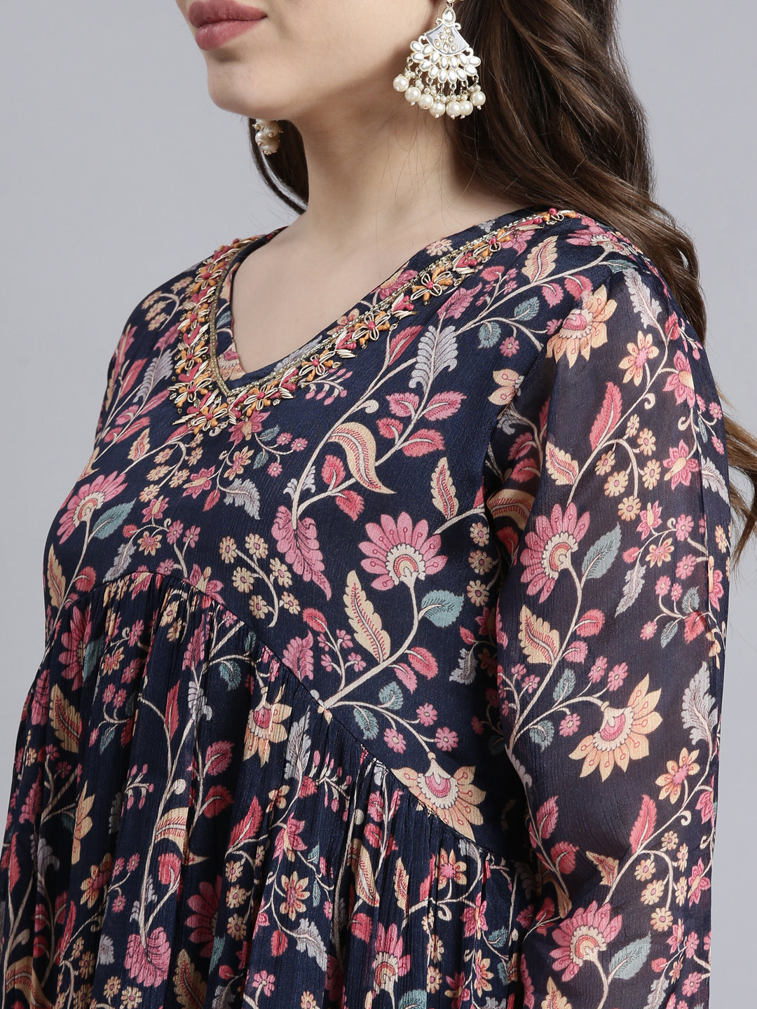 Neerus Blue printed floral suit set straight kurta with trouser and dupatta - detail view 1
