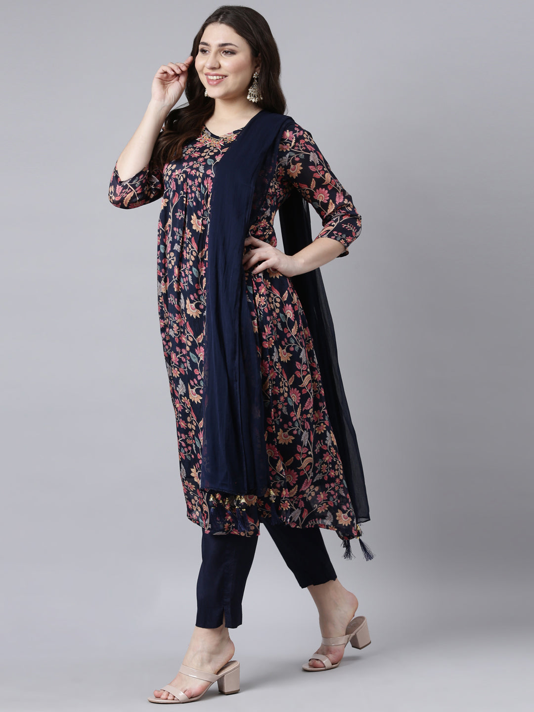 Neerus Blue printed floral suit set straight kurta with trouser and dupatta - detail view 2