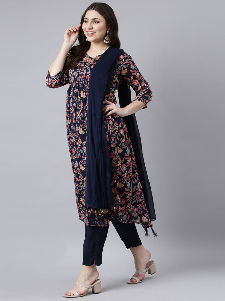 Neerus Blue printed floral suit set straight kurta with trouser and dupatta - detail view 2