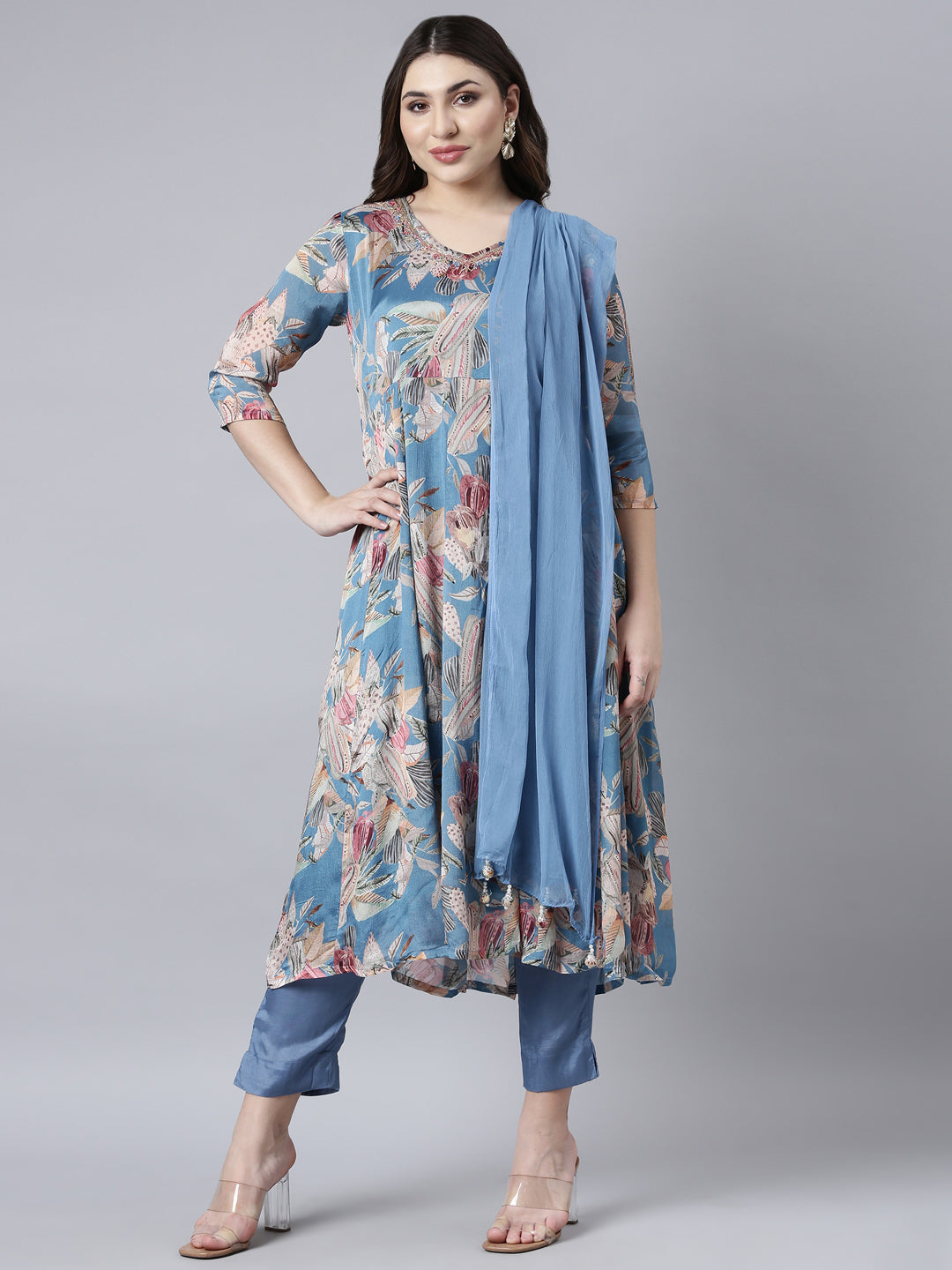Neerus Blue printed floral straight suit set - front view