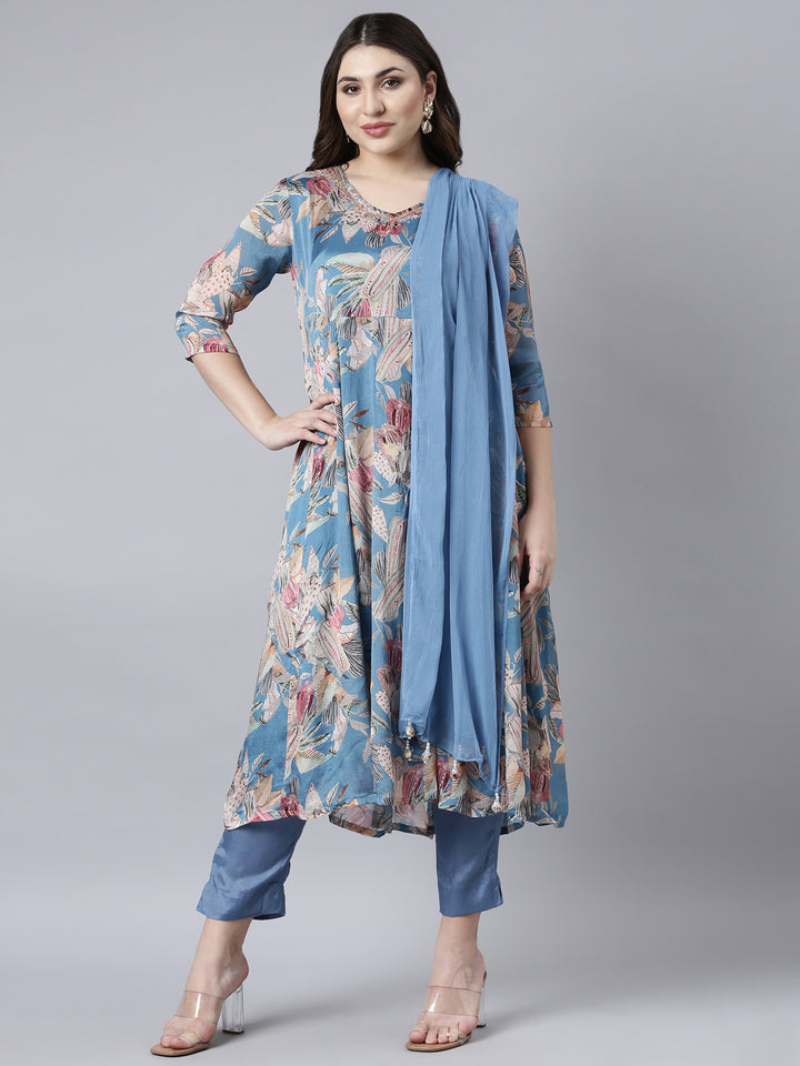 Neerus Blue printed floral straight suit set - front view