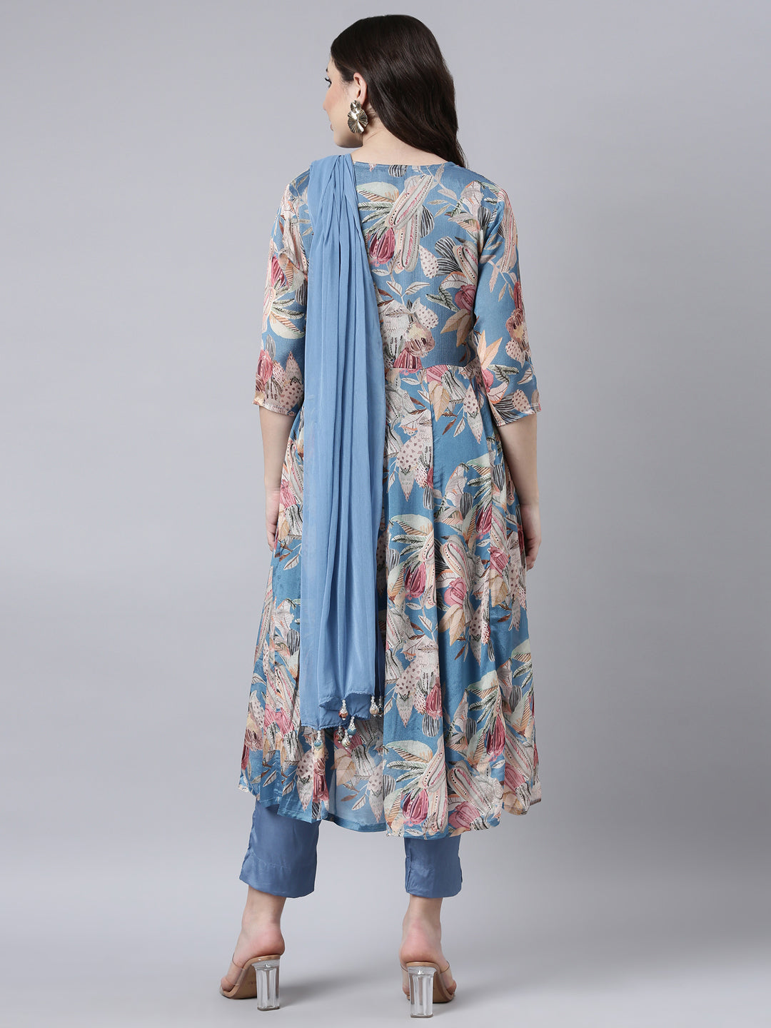Neerus Blue printed floral straight suit set - side view