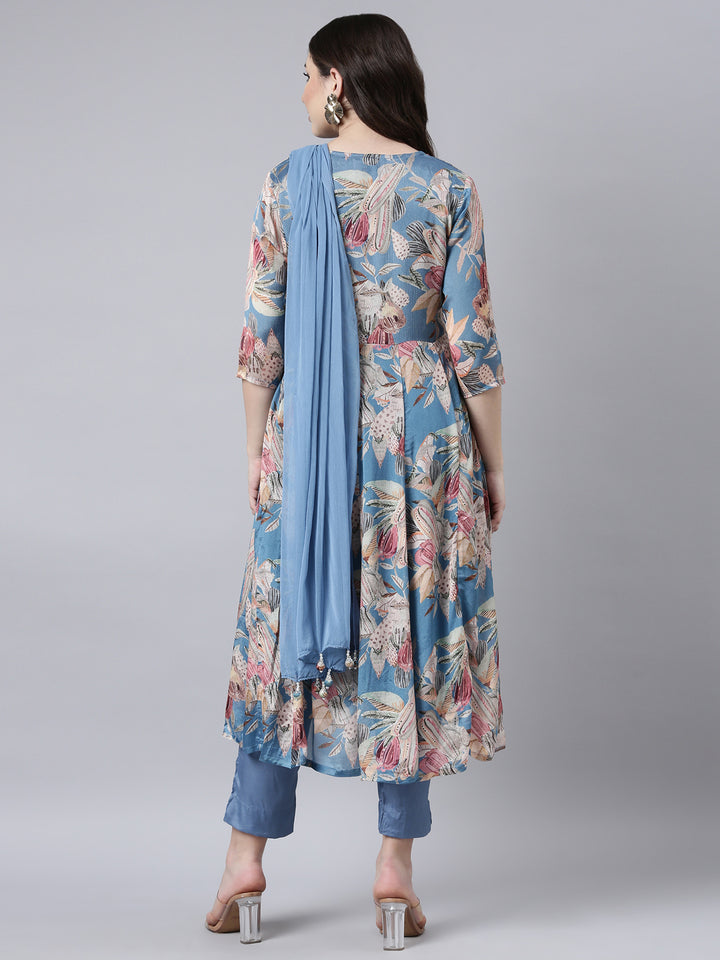 Neerus Blue printed floral straight suit set - side view