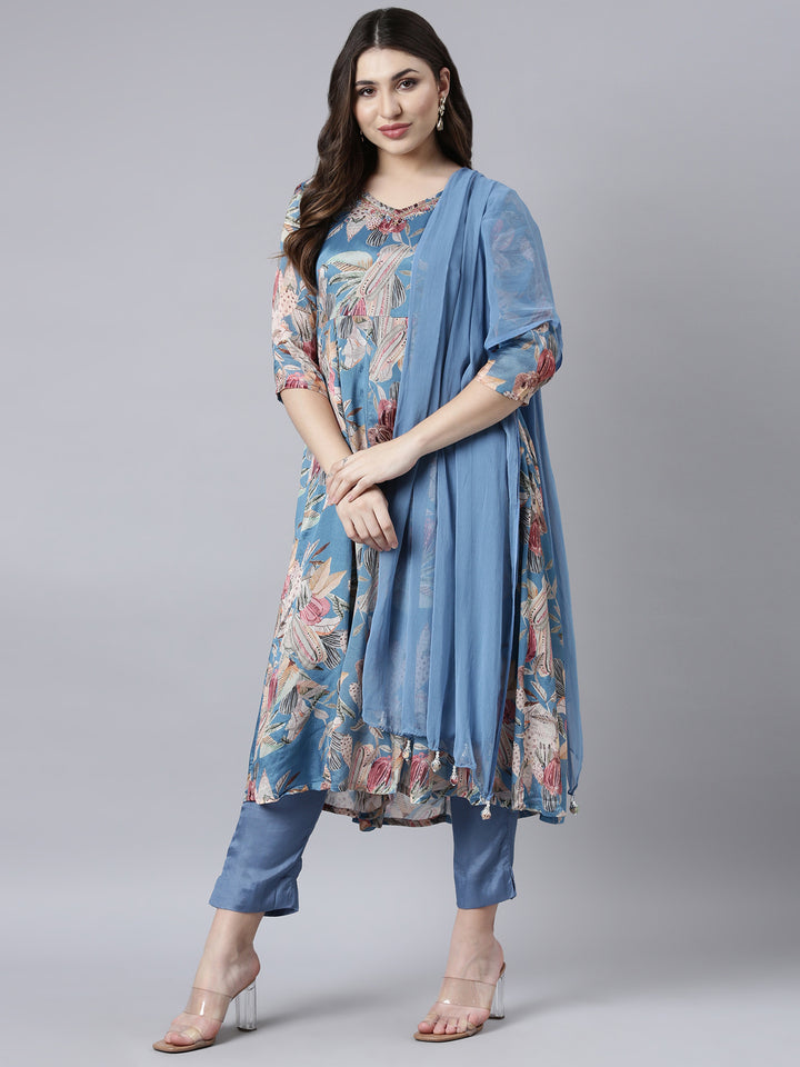 Neerus Blue printed floral straight suit set - detail view 2
