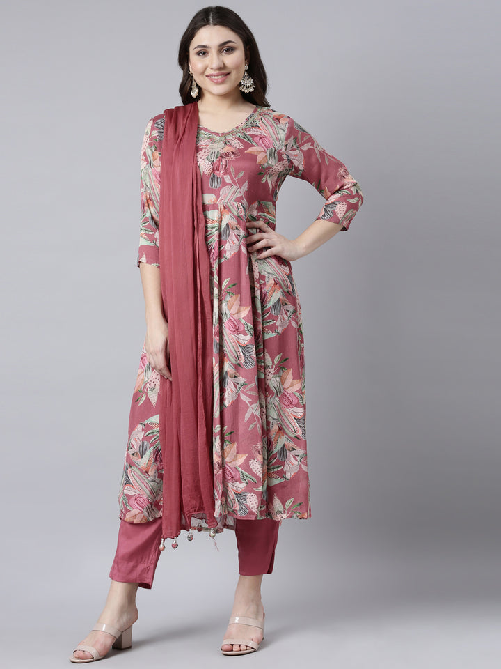 Neerus Pink printed floral suit set - front view