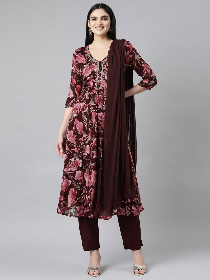 Neerus Brown floral printed straight suit set - front view