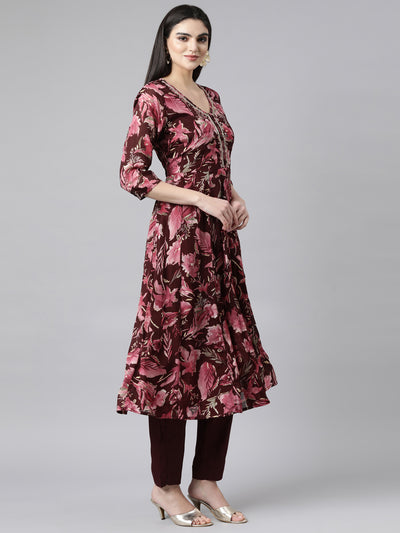 Neerus Coffee Brown Regular Straight Floral Kurta And Trousers With Dupatta