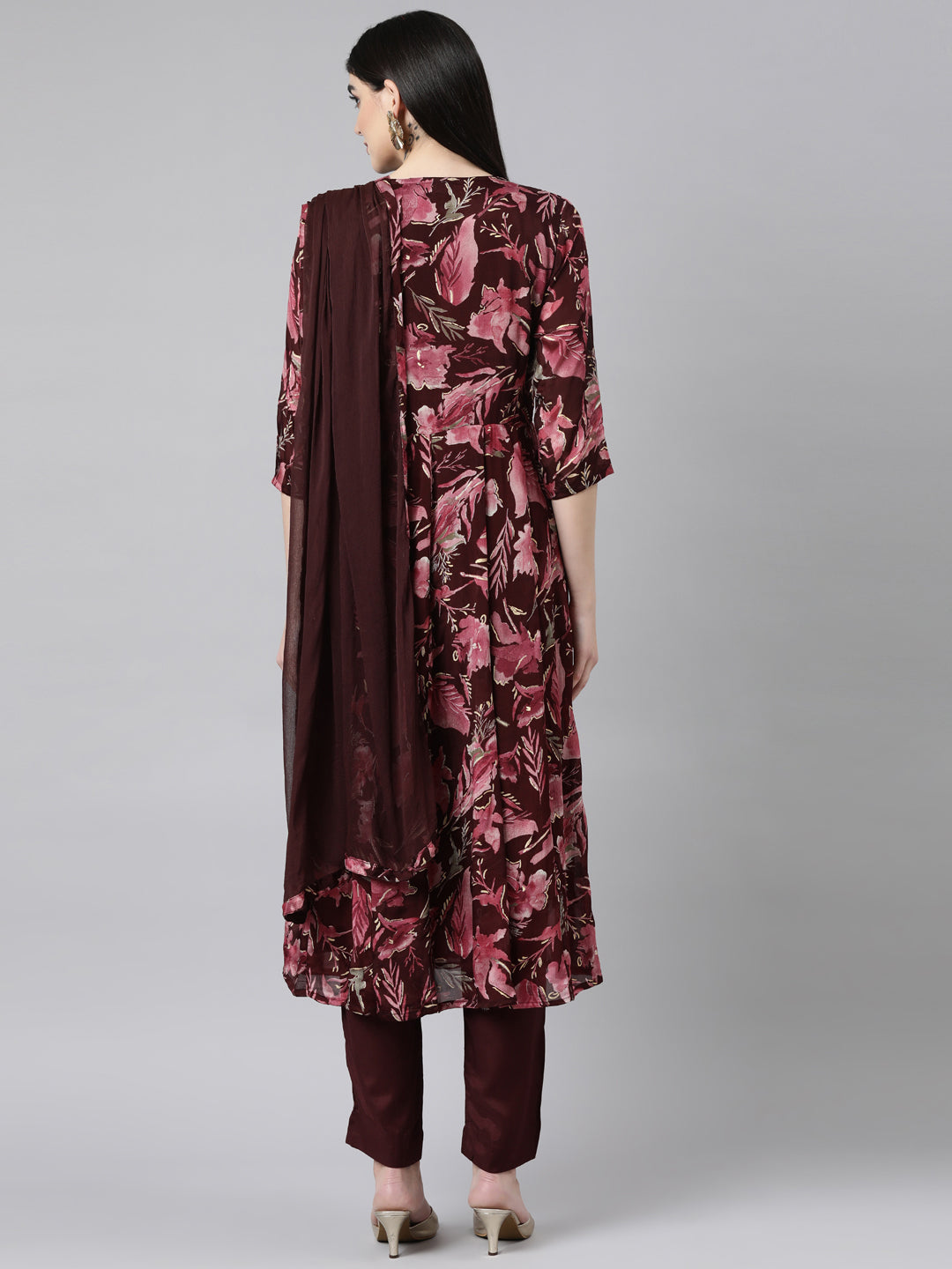 Neerus Coffee Brown Regular Straight Floral Kurta And Trousers With Dupatta