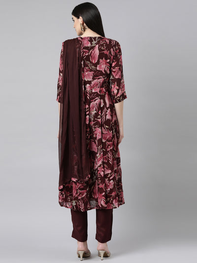 Neerus Coffee Brown Regular Straight Floral Kurta And Trousers With Dupatta