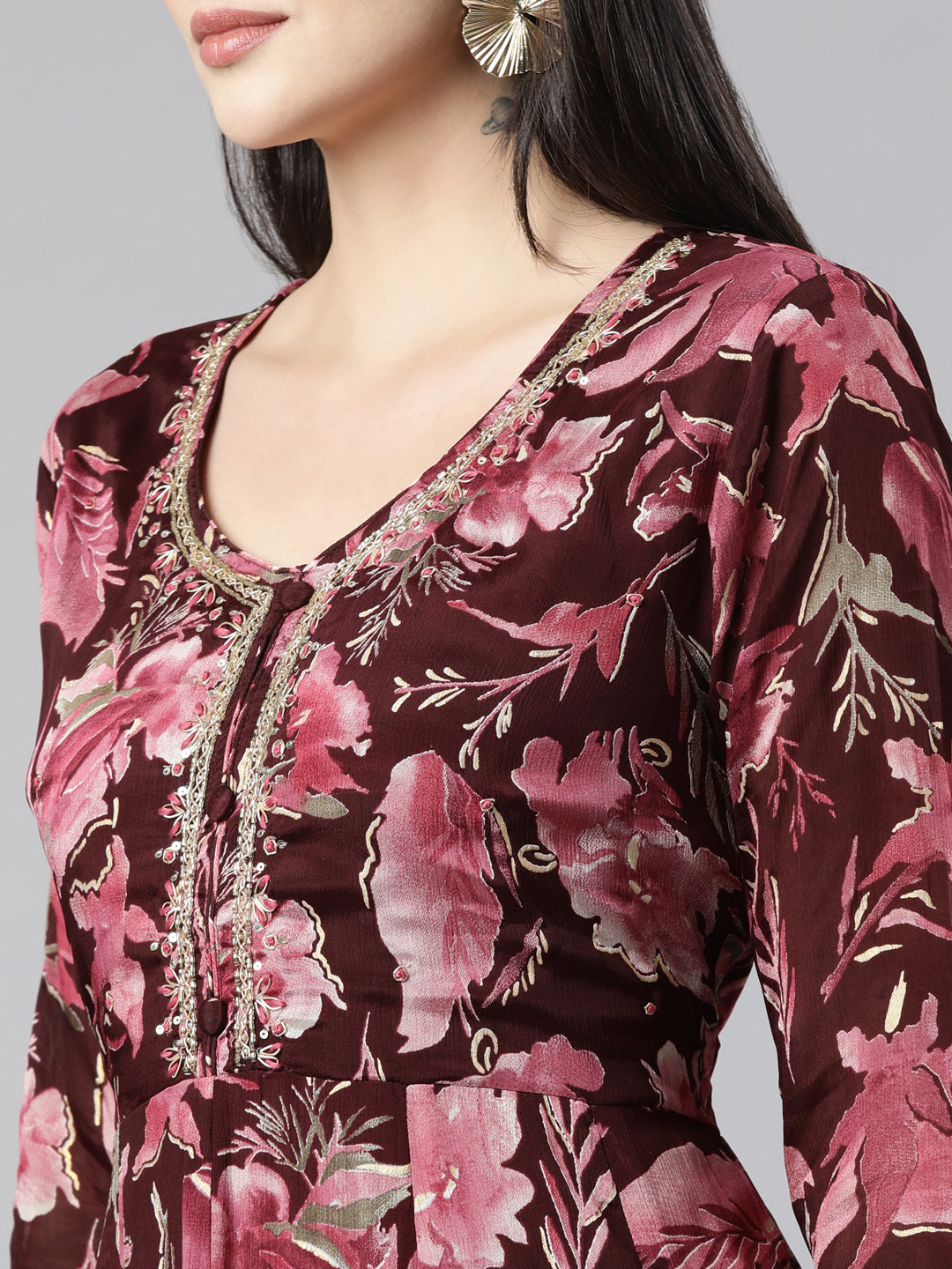 Neerus Coffee Brown Regular Straight Floral Kurta And Trousers With Dupatta