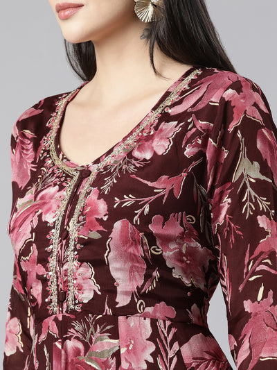 Neerus Coffee Brown Regular Straight Floral Kurta And Trousers With Dupatta