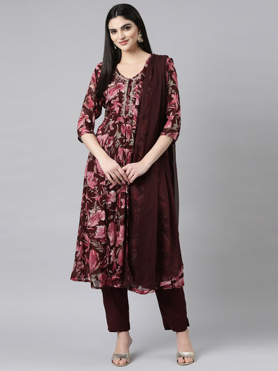 Neerus Coffee Brown Regular Straight Floral Kurta And Trousers With Dupatta