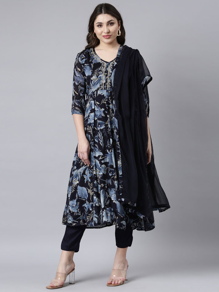 Neerus Blue printed floral suit set - front view