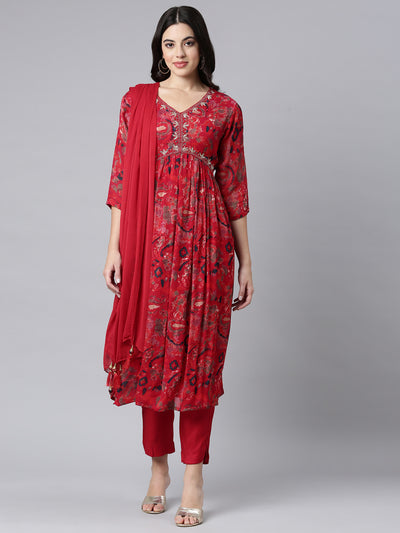 Neerus Red Regular Straight Floral Kurta And Trousers With Dupatta