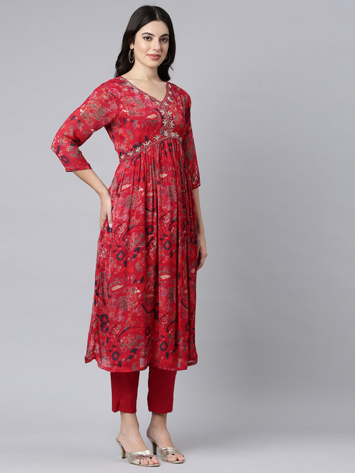 Neerus Red printed floral straight suit set - back view