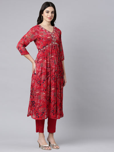 Neerus Red Regular Straight Floral Kurta And Trousers With Dupatta