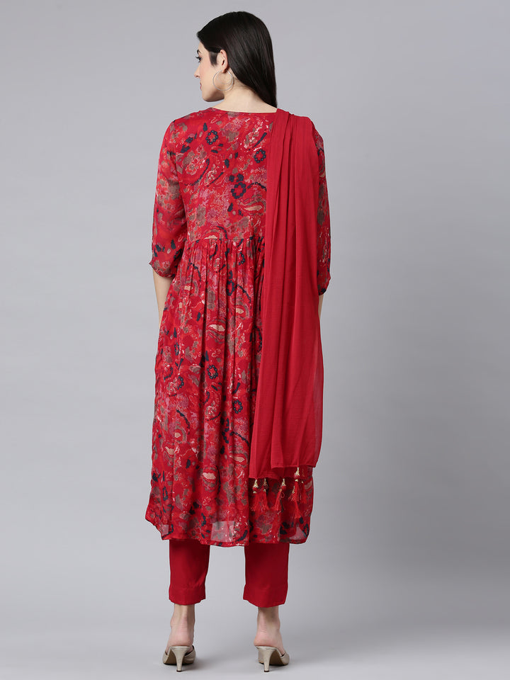 Neerus Red printed floral straight suit set - side view