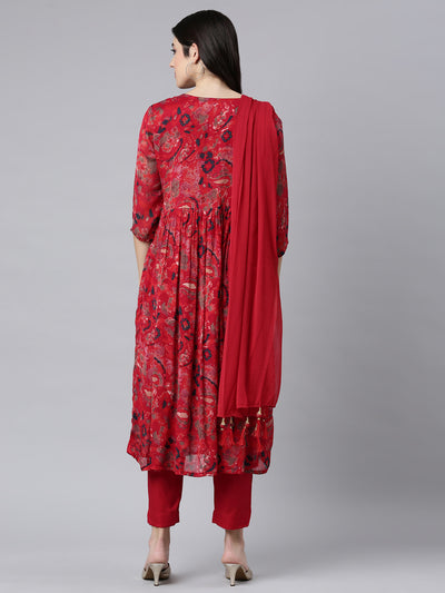 Neerus Red Regular Straight Floral Kurta And Trousers With Dupatta