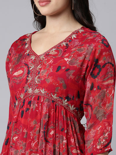 Neerus Red Regular Straight Floral Kurta And Trousers With Dupatta