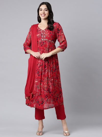Neerus Red Regular Straight Floral Kurta And Trousers With Dupatta