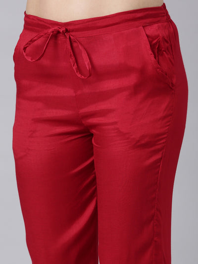 Neerus Red Regular Straight Floral Kurta And Trousers With Dupatta