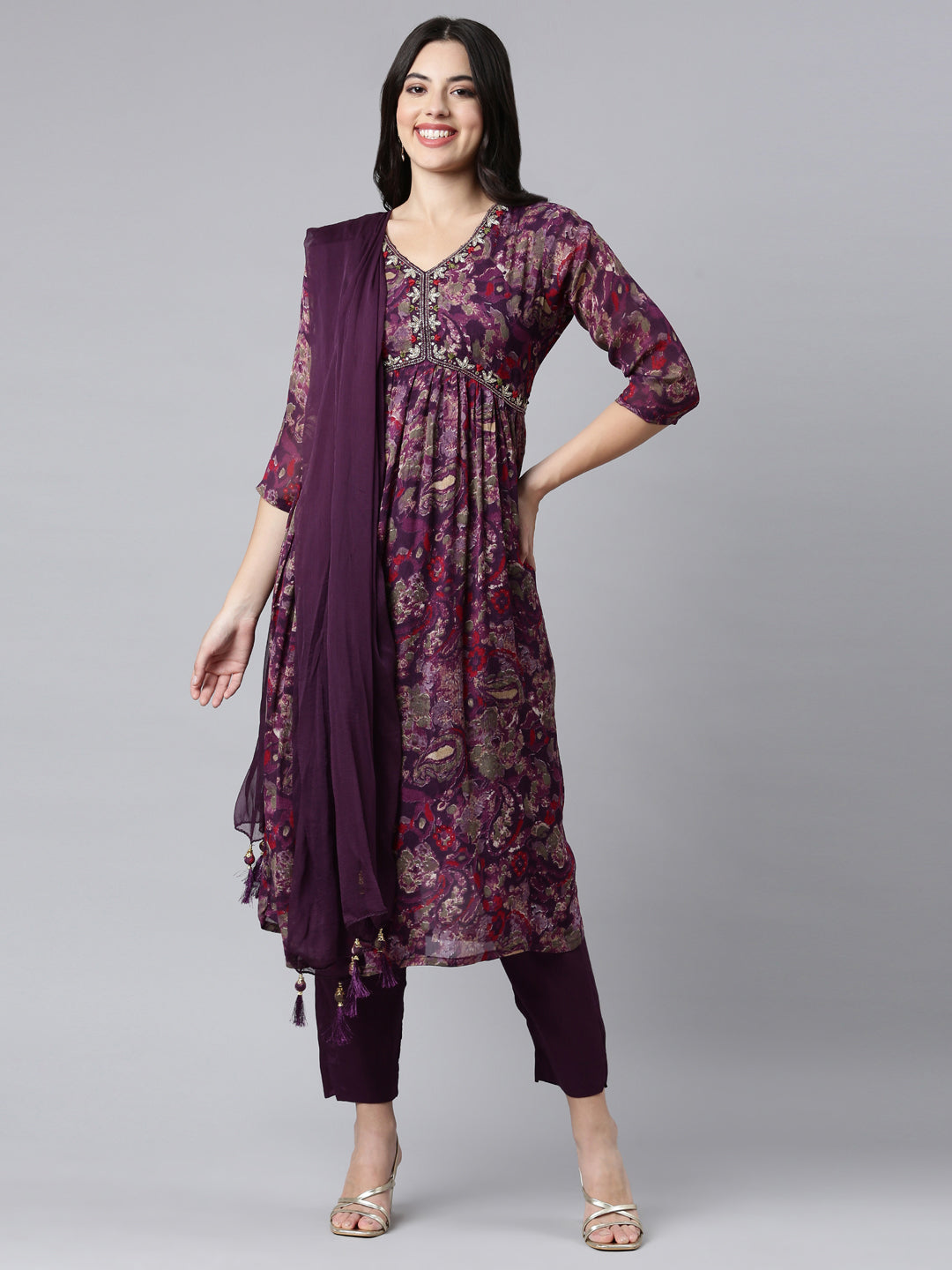 Neerus Purple Regular Straight Floral Kurta And Trousers With Dupatta