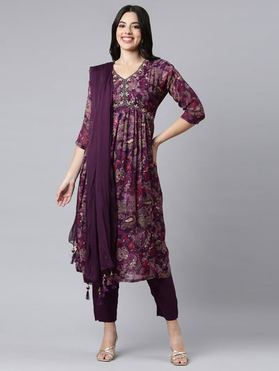 Neerus Purple Regular Straight Floral Kurta And Trousers With Dupatta
