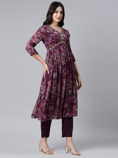 Neerus Purple Regular Straight Floral Kurta And Trousers With Dupatta