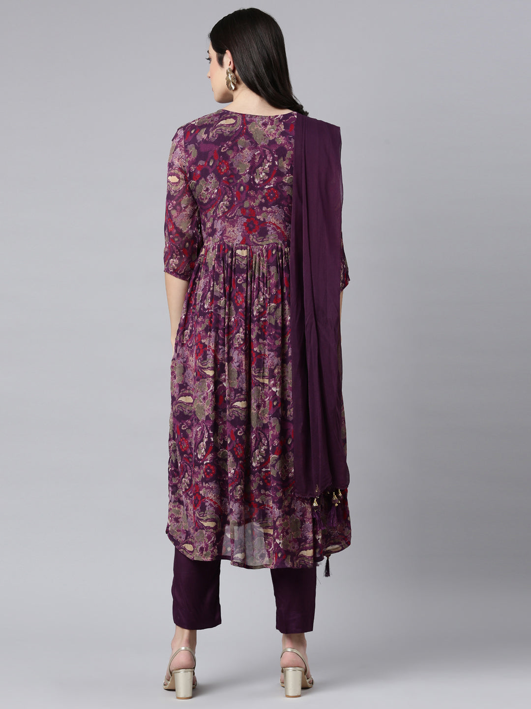 Neerus Purple Regular Straight Floral Kurta And Trousers With Dupatta