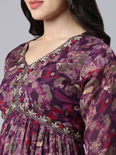 Neerus Purple Regular Straight Floral Kurta And Trousers With Dupatta