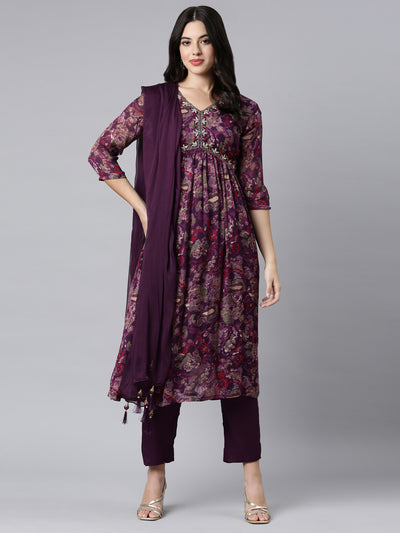 Neerus Purple Regular Straight Floral Kurta And Trousers With Dupatta