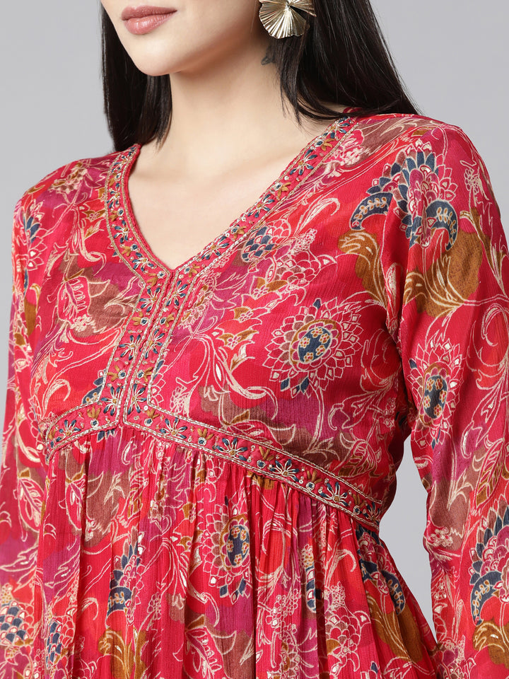 Neerus Pink floral printed straight suit set - detail view 1