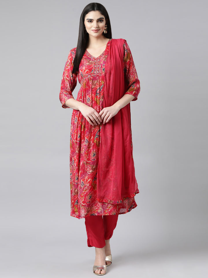 Neerus Pink floral printed straight suit set - front view