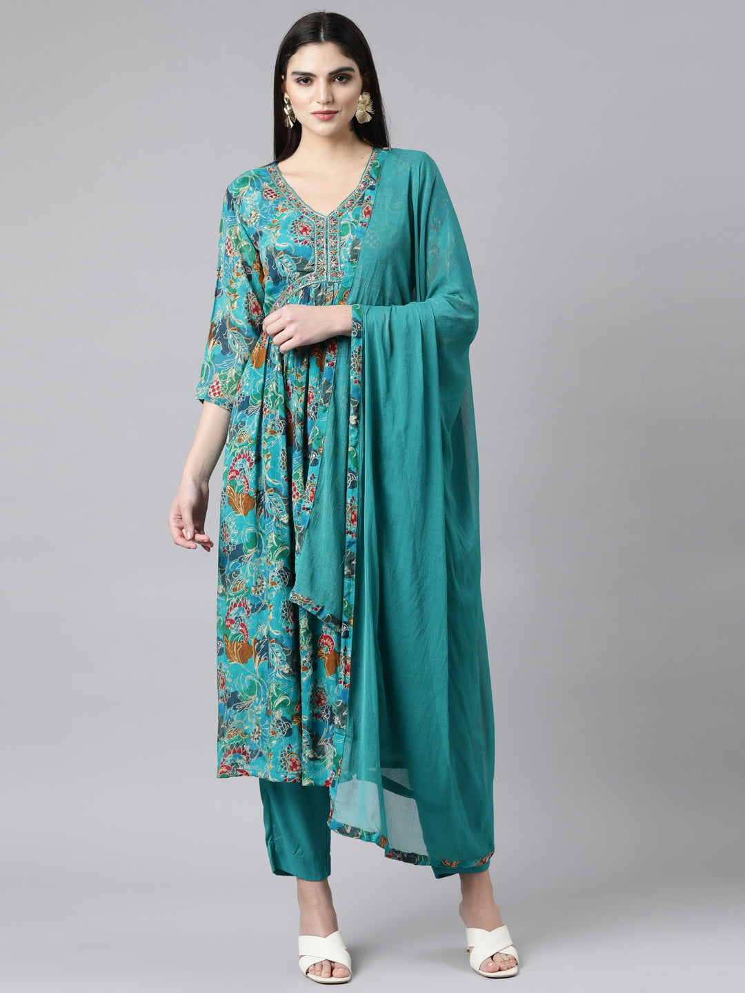 Neerus Green printed floral suit set straight kurta with trouser and dupatta - front view