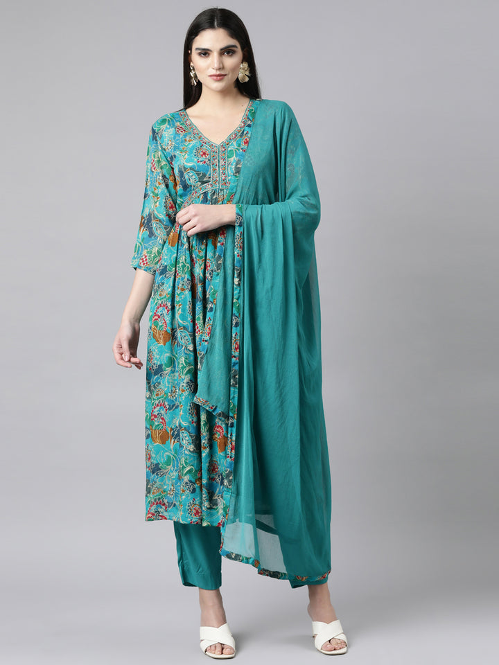 Neerus Green printed floral suit set straight kurta with trouser and dupatta - front view
