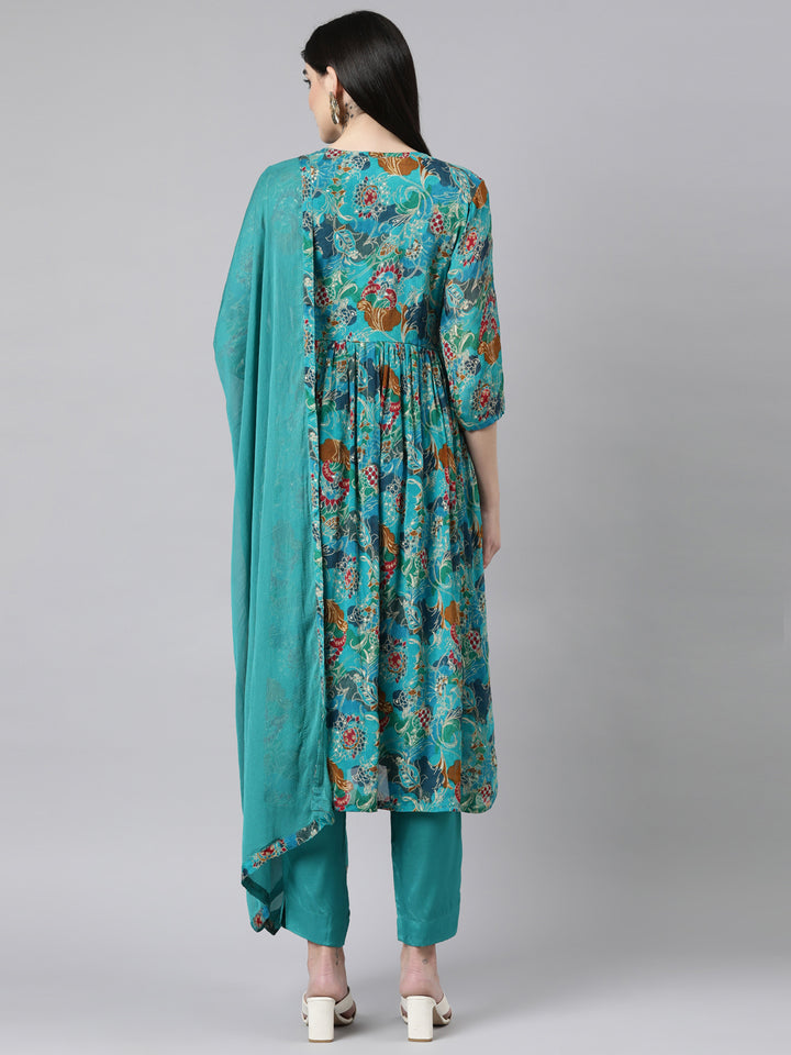 Neerus Green printed floral suit set straight kurta with trouser and dupatta - side view