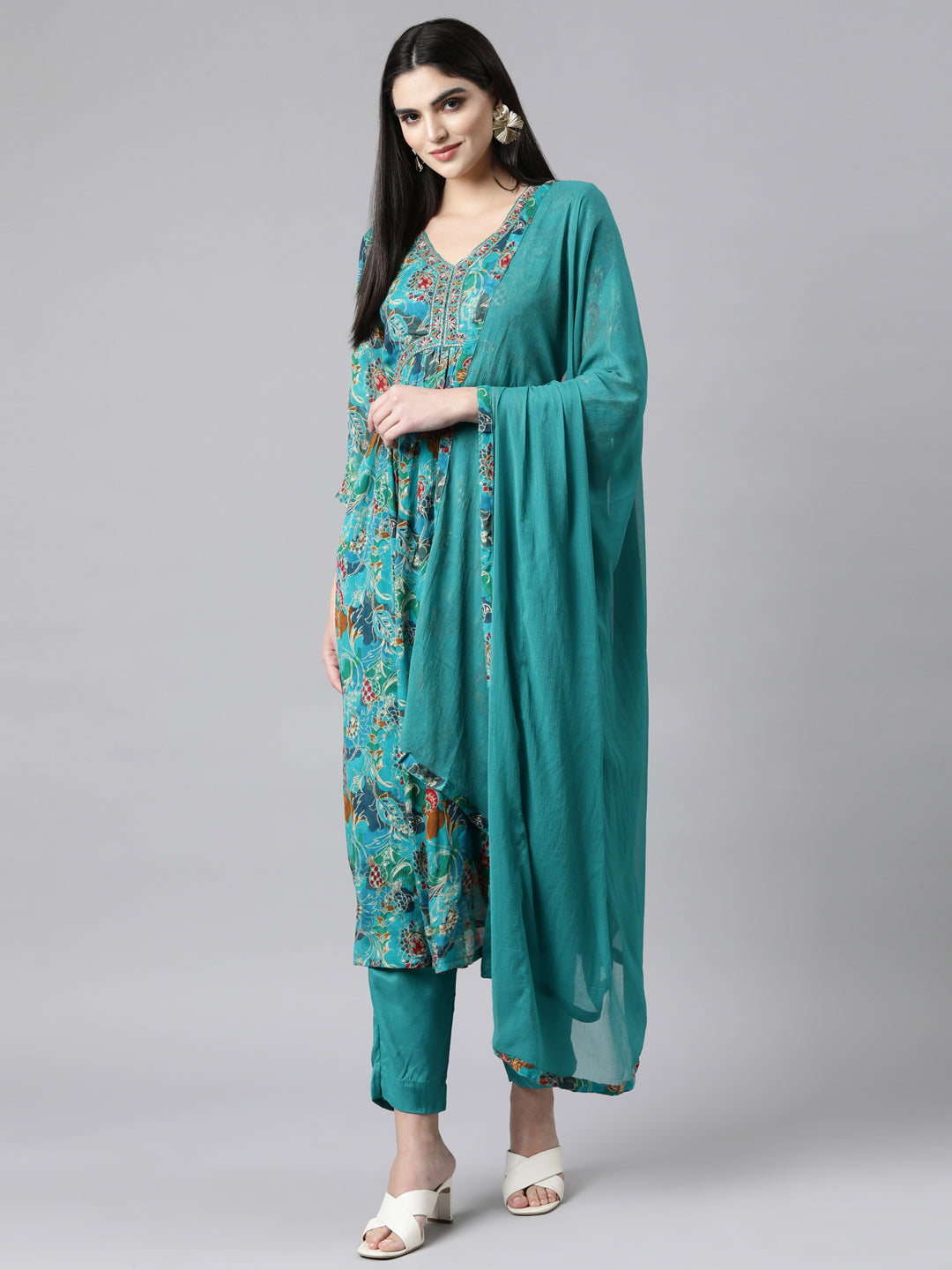 Neerus Green printed floral suit set straight kurta with trouser and dupatta - detail view 2