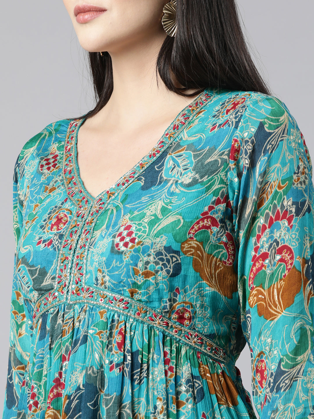 Neerus Green printed floral suit set straight kurta with trouser and dupatta - detail view 1