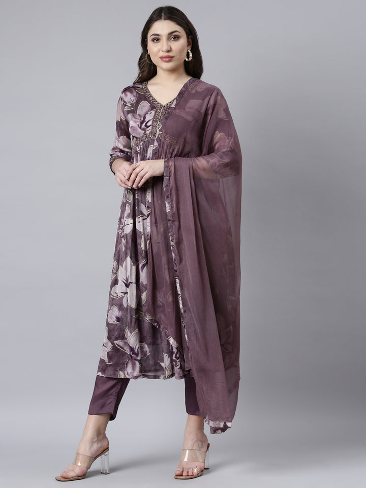 Neerus Purple printed floral suit set - front view