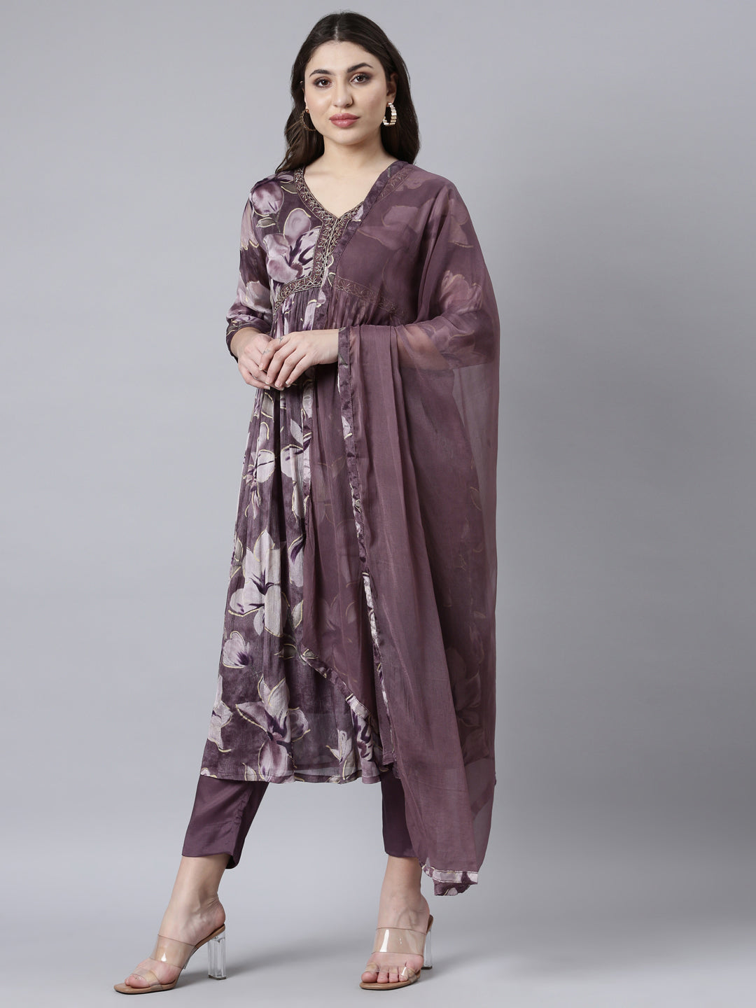 Neerus Purple Pleated Straight Floral Kurta And Trousers With Dupatta