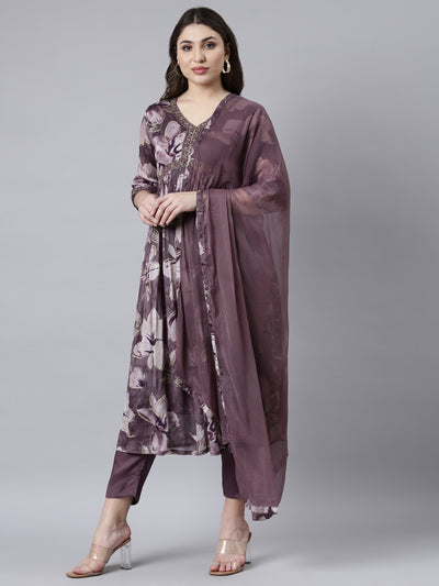 Neerus Purple Pleated Straight Floral Kurta And Trousers With Dupatta