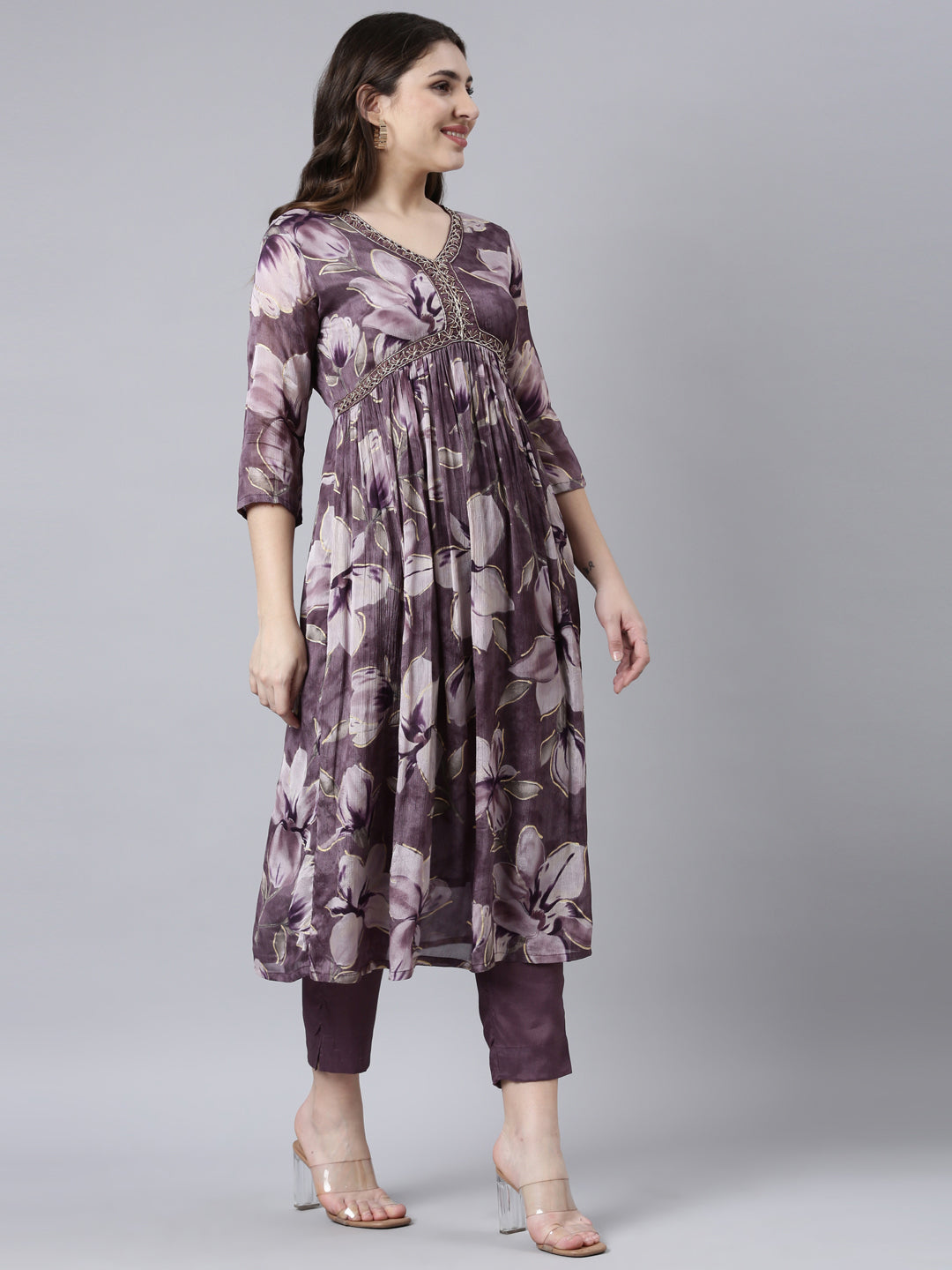 Neerus Purple Pleated Straight Floral Kurta And Trousers With Dupatta