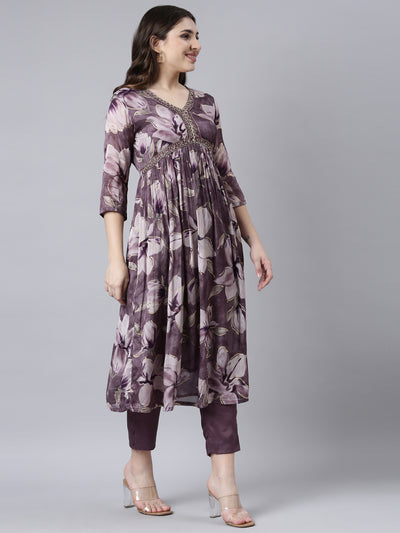 Neerus Purple Pleated Straight Floral Kurta And Trousers With Dupatta